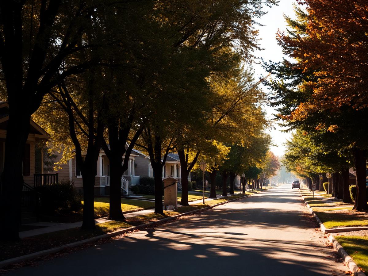 Tree-lined residential street of rental homes
