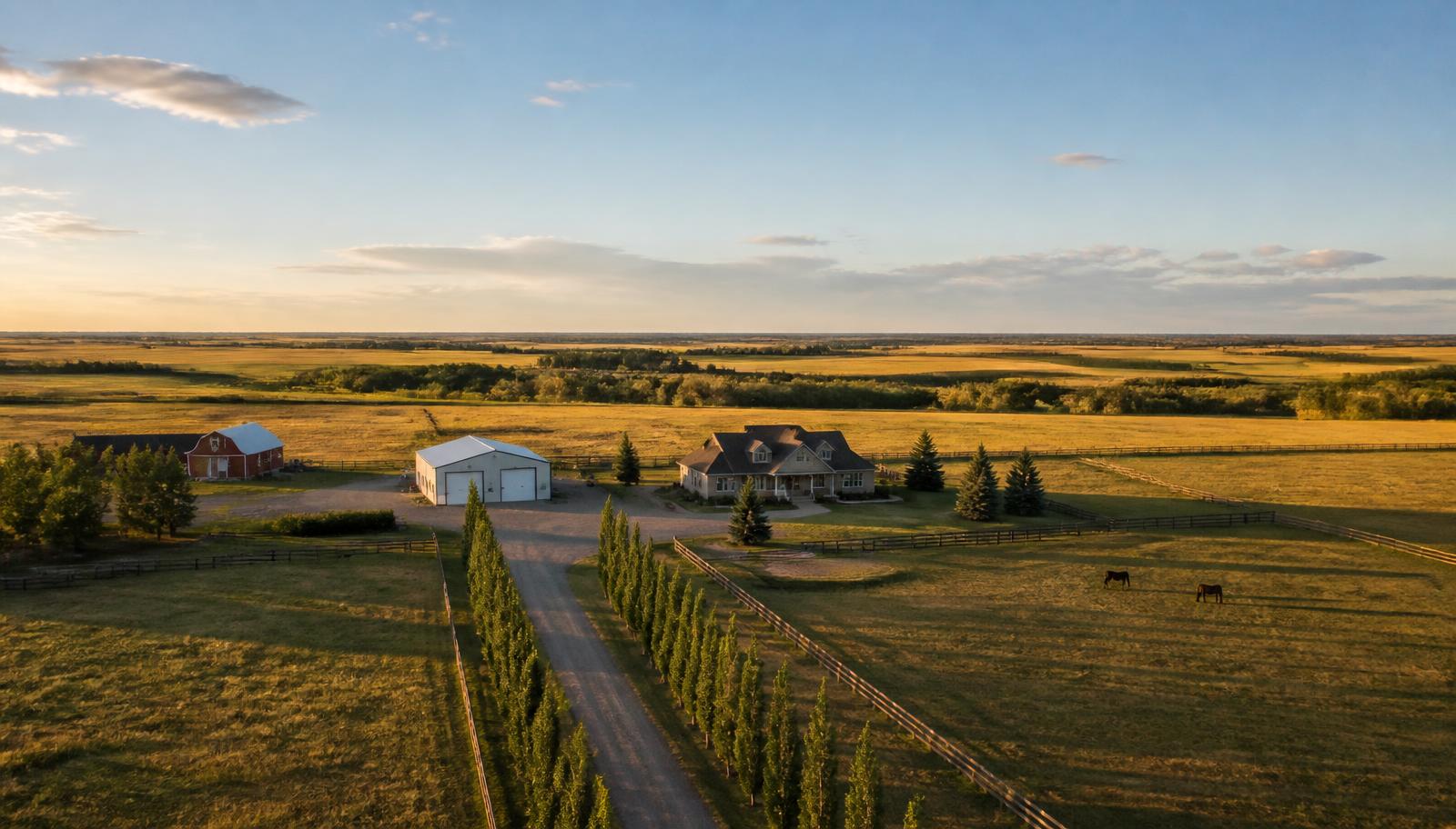 Sturgeon County acreage with home, shop and barn at golden hour